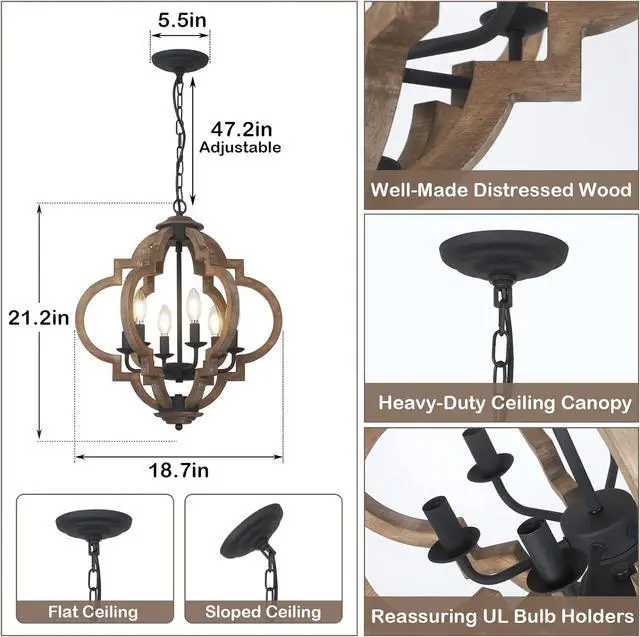 Alt view image 2 of 7 - Farmhouse Chandeliers for Dining Room, 6-Light Rustic Dining Room Light Fixture Over Table, Wood Black Hanging Pendant Lights Kitchen Island, Boho Chandelier for Bedrooms Entryway Living Room
