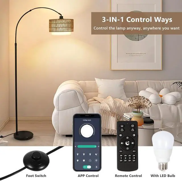 Alt view image 4 of 7 - Arc Floor Lamp with Remote, Modern Led Floor Lamp with Dimmable Bulb, Boho Farmhouse Standing Lamp with Fabric & Rattan Lampshades, Height Adjustable Black Tall Lamp for Living Room Bedroom