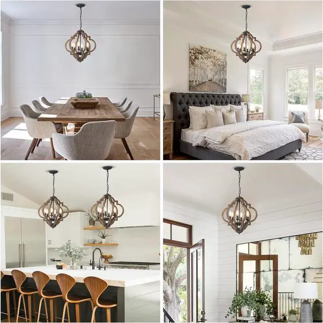 Alt view image 7 of 7 - Farmhouse Chandeliers for Dining Room, 6-Light Rustic Dining Room Light Fixture Over Table, Wood Black Hanging Pendant Lights Kitchen Island, Boho Chandelier for Bedrooms Entryway Living Room