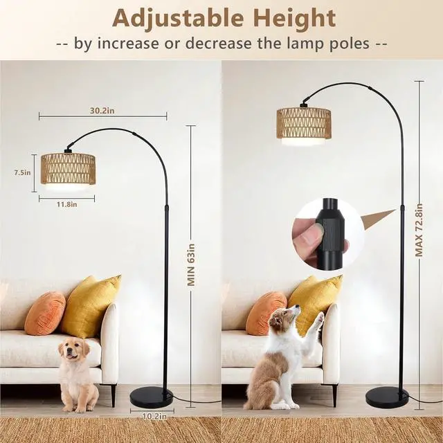 Alt view image 5 of 7 - Arc Floor Lamp with Remote, Modern Led Floor Lamp with Dimmable Bulb, Boho Farmhouse Standing Lamp with Fabric & Rattan Lampshades, Height Adjustable Black Tall Lamp for Living Room Bedroom
