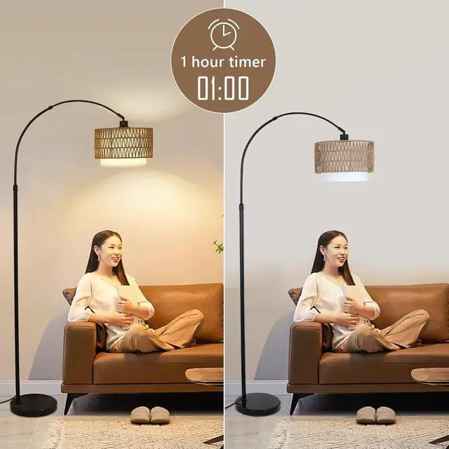 Alt view image 7 of 7 - Arc Floor Lamp with Remote, Modern Led Floor Lamp with Dimmable Bulb, Boho Farmhouse Standing Lamp with Fabric & Rattan Lampshades, Height Adjustable Black Tall Lamp for Living Room Bedroom