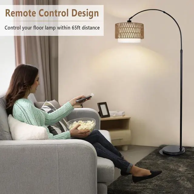 Alt view image 6 of 7 - Arc Floor Lamp with Remote, Modern Led Floor Lamp with Dimmable Bulb, Boho Farmhouse Standing Lamp with Fabric & Rattan Lampshades, Height Adjustable Black Tall Lamp for Living Room Bedroom