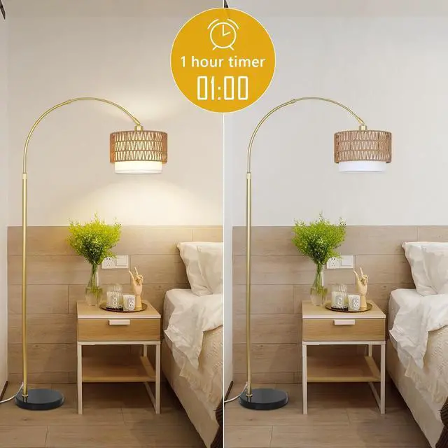 Alt view image 2 of 7 - Arc Floor Lamp for Bedroom with Rattan & Linen Shades, Gold Floor Lamp with Remote & Dimming Bulb, Rustic Standing Lamp with 3 Color Temperatures, Adjustable Height Farmhouse Tall Lamp for Living Room
