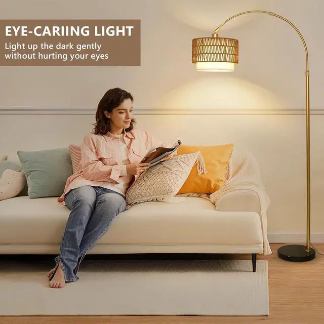 Alt view image 4 of 7 - Arc Floor Lamp for Bedroom with Rattan & Linen Shades, Gold Floor Lamp with Remote & Dimming Bulb, Rustic Standing Lamp with 3 Color Temperatures, Adjustable Height Farmhouse Tall Lamp for Living Room