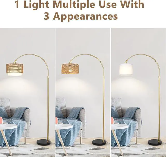 Alt view image 5 of 7 - Arc Floor Lamp for Bedroom with Rattan & Linen Shades, Gold Floor Lamp with Remote & Dimming Bulb, Rustic Standing Lamp with 3 Color Temperatures, Adjustable Height Farmhouse Tall Lamp for Living Room