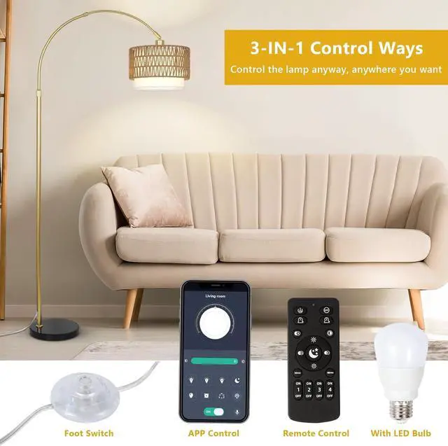 Alt view image 6 of 7 - Arc Floor Lamp for Bedroom with Rattan & Linen Shades, Gold Floor Lamp with Remote & Dimming Bulb, Rustic Standing Lamp with 3 Color Temperatures, Adjustable Height Farmhouse Tall Lamp for Living Room