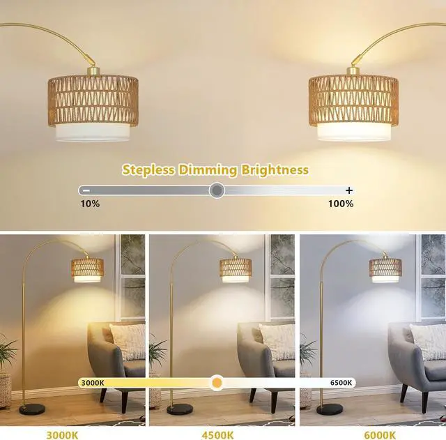 Alt view image 7 of 7 - Arc Floor Lamp for Bedroom with Rattan & Linen Shades, Gold Floor Lamp with Remote & Dimming Bulb, Rustic Standing Lamp with 3 Color Temperatures, Adjustable Height Farmhouse Tall Lamp for Living Room