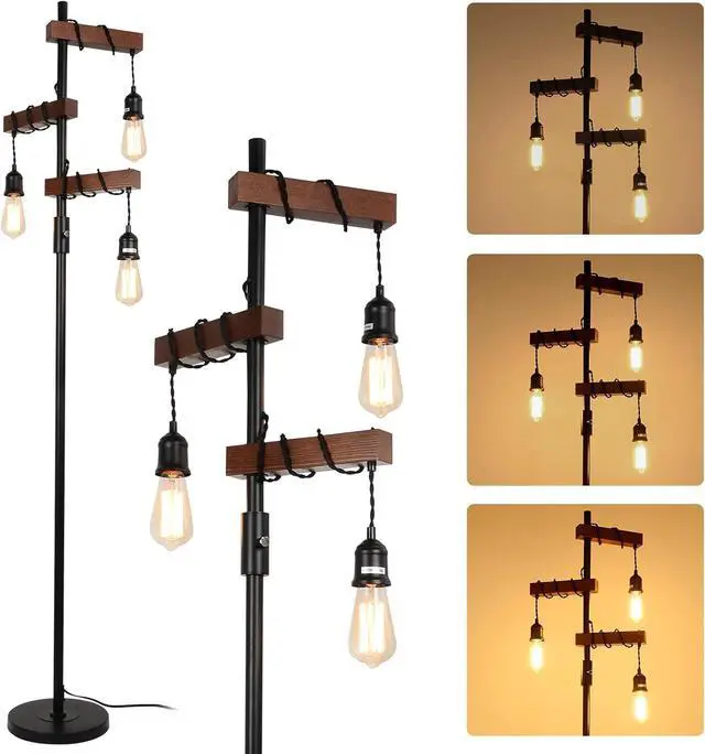 Main image of Dimmable industrial Floor Lamp, Farmhouse Tree Floor Lamp, 68 inch 3 Lights Wood Standing Lamp, Sturdy Base Tall Vintage Pole Light, Metal Black Floor Lamps for Living Room Bedroom Office Rustic Home