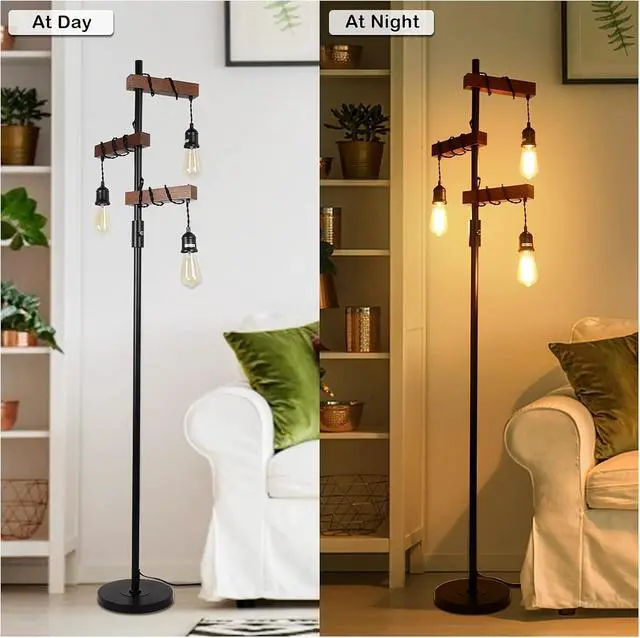 Alt view image 3 of 7 - Dimmable industrial Floor Lamp, Farmhouse Tree Floor Lamp, 68 inch 3 Lights Wood Standing Lamp, Sturdy Base Tall Vintage Pole Light, Metal Black Floor Lamps for Living Room Bedroom Office Rustic Home