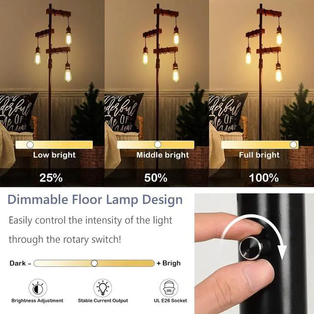 Alt view image 2 of 7 - Dimmable industrial Floor Lamp, Farmhouse Tree Floor Lamp, 68 inch 3 Lights Wood Standing Lamp, Sturdy Base Tall Vintage Pole Light, Metal Black Floor Lamps for Living Room Bedroom Office Rustic Home