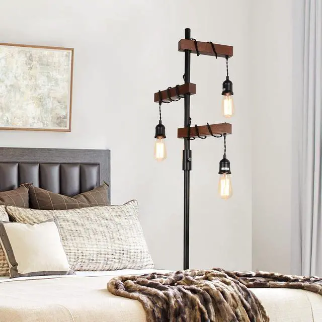Alt view image 4 of 7 - Dimmable industrial Floor Lamp, Farmhouse Tree Floor Lamp, 68 inch 3 Lights Wood Standing Lamp, Sturdy Base Tall Vintage Pole Light, Metal Black Floor Lamps for Living Room Bedroom Office Rustic Home