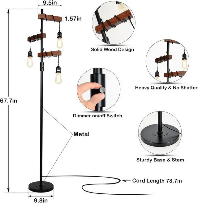 Alt view image 6 of 7 - Dimmable industrial Floor Lamp, Farmhouse Tree Floor Lamp, 68 inch 3 Lights Wood Standing Lamp, Sturdy Base Tall Vintage Pole Light, Metal Black Floor Lamps for Living Room Bedroom Office Rustic Home