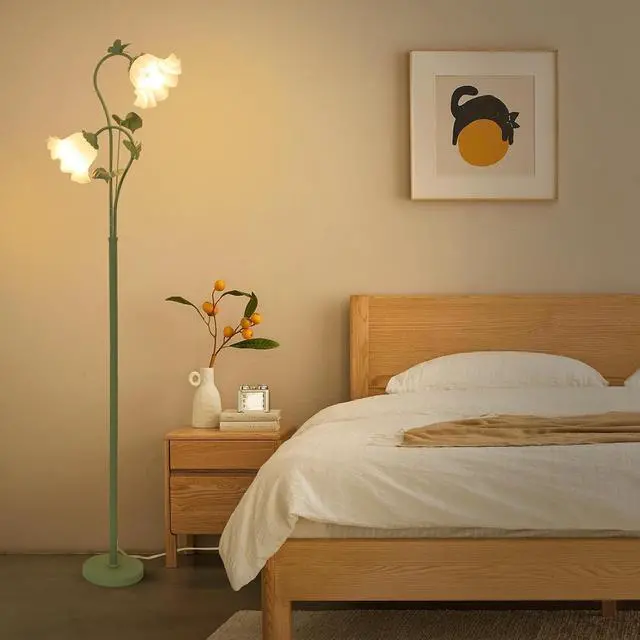 Alt view image 2 of 7 - Flower Floor Lamp for Living Room, Vintage Floor Lamp with 2 Led 5W Blubs, Foot Switch, Green Standing Lamp with Acrylic Shade, Unique Floral Tall Lamp for Living Room Bedroom Corner Office