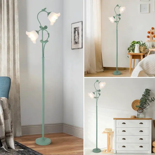 Alt view image 3 of 7 - Flower Floor Lamp for Living Room, Vintage Floor Lamp with 2 Led 5W Blubs, Foot Switch, Green Standing Lamp with Acrylic Shade, Unique Floral Tall Lamp for Living Room Bedroom Corner Office