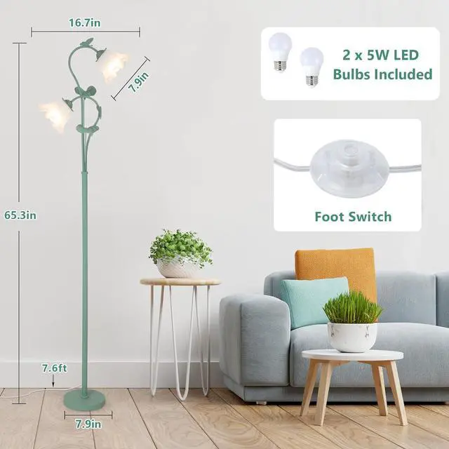 Alt view image 4 of 7 - Flower Floor Lamp for Living Room, Vintage Floor Lamp with 2 Led 5W Blubs, Foot Switch, Green Standing Lamp with Acrylic Shade, Unique Floral Tall Lamp for Living Room Bedroom Corner Office
