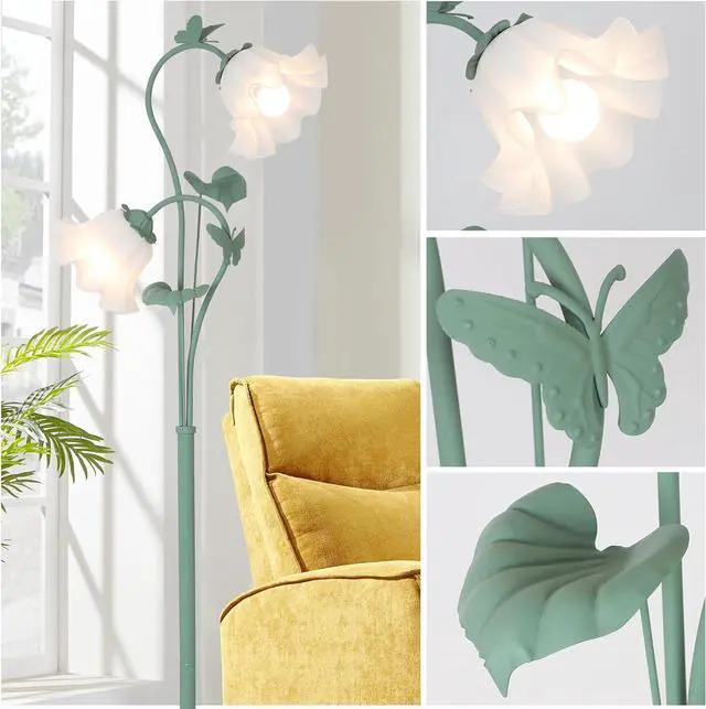 Alt view image 5 of 7 - Flower Floor Lamp for Living Room, Vintage Floor Lamp with 2 Led 5W Blubs, Foot Switch, Green Standing Lamp with Acrylic Shade, Unique Floral Tall Lamp for Living Room Bedroom Corner Office