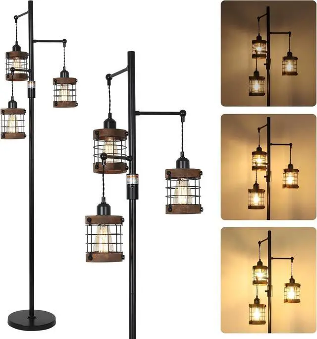 Main image of Airposta Dimmable Floor Lamps for Living Room, 3-Light industrial Floor Lamp with Wood & Metal Cage