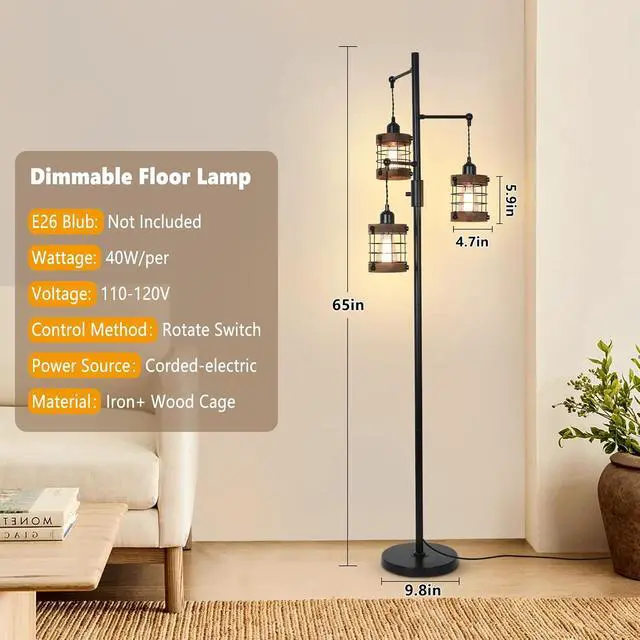 Alt view image 2 of 7 - Airposta Dimmable Floor Lamps for Living Room, 3-Light industrial Floor Lamp with Wood & Metal Cage