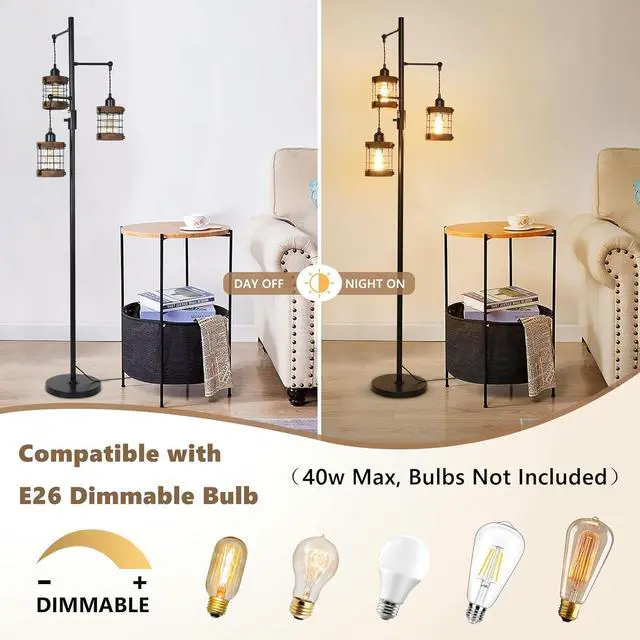 Alt view image 5 of 7 - Airposta Dimmable Floor Lamps for Living Room, 3-Light industrial Floor Lamp with Wood & Metal Cage