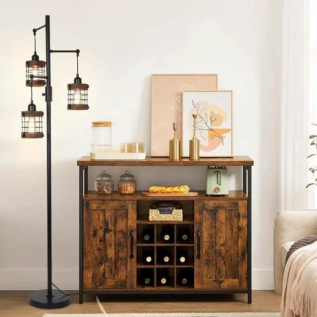 Alt view image 6 of 7 - Airposta Dimmable Floor Lamps for Living Room, 3-Light industrial Floor Lamp with Wood & Metal Cage