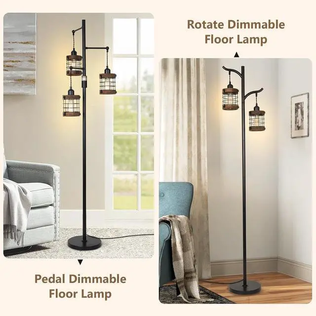 Alt view image 7 of 7 - Airposta Dimmable Floor Lamps for Living Room, 3-Light industrial Floor Lamp with Wood & Metal Cage
