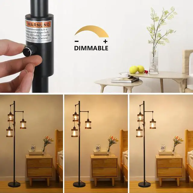 Alt view image 4 of 7 - Airposta Dimmable Floor Lamps for Living Room, 3-Light industrial Floor Lamp with Wood & Metal Cage