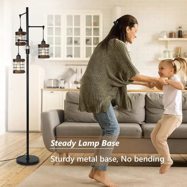 Alt view image 3 of 7 - Airposta Dimmable Floor Lamps for Living Room, 3-Light industrial Floor Lamp with Wood & Metal Cage