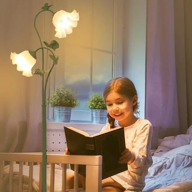 Alt view image 7 of 7 - Flower Floor Lamp for Living Room, Vintage Floor Lamp with 2 Led 5W Blubs, Foot Switch, Green Standing Lamp with Acrylic Shade, Unique Floral Tall Lamp for Living Room Bedroom Corner Office