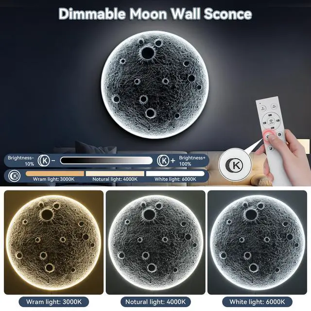 Alt view image 3 of 7 - 32-inch Realistic Resin Moon Wall Light Plug-in Dimmable Led Moon Sconce with Remote Control, 30 W Main & 10 W Night Light, Meteorite Crater Texture, 1.75 Thick Wall-Mounted Décor for Home & Commer