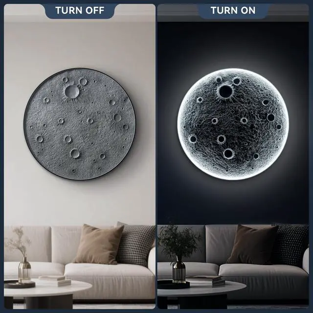 Alt view image 7 of 7 - 32-inch Realistic Resin Moon Wall Light Plug-in Dimmable Led Moon Sconce with Remote Control, 30 W Main & 10 W Night Light, Meteorite Crater Texture, 1.75 Thick Wall-Mounted Décor for Home & Commer