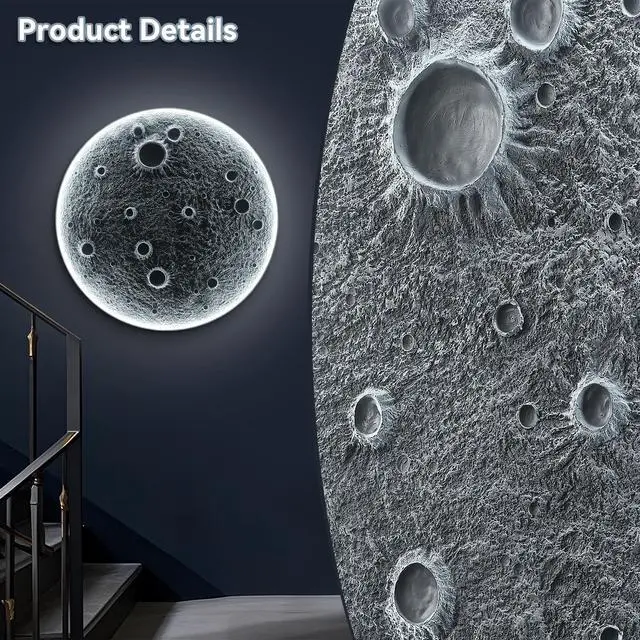 Alt view image 5 of 7 - 32-inch Realistic Resin Moon Wall Light Plug-in Dimmable Led Moon Sconce with Remote Control, 30 W Main & 10 W Night Light, Meteorite Crater Texture, 1.75 Thick Wall-Mounted Décor for Home & Commer