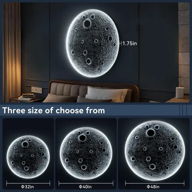 Alt view image 6 of 7 - 32-inch Realistic Resin Moon Wall Light Plug-in Dimmable Led Moon Sconce with Remote Control, 30 W Main & 10 W Night Light, Meteorite Crater Texture, 1.75 Thick Wall-Mounted Décor for Home & Commer