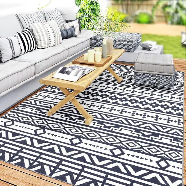 Main image of Outdoor Patio Rug, Large Camping Carpet with Carrying Bag, 6' x 9' Waterproof Plastic Straw, Reversible, Blue & White Geometric