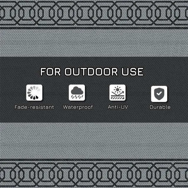 Alt view image 3 of 7 - Reversible Outdoor Rug, 9' x 12' Waterproof Plastic Straw Floor Mat, Portable RV Camping Carpet, Large Floor Mat for Backyard, Deck, Picnic, Beach, Black & Gray Border
