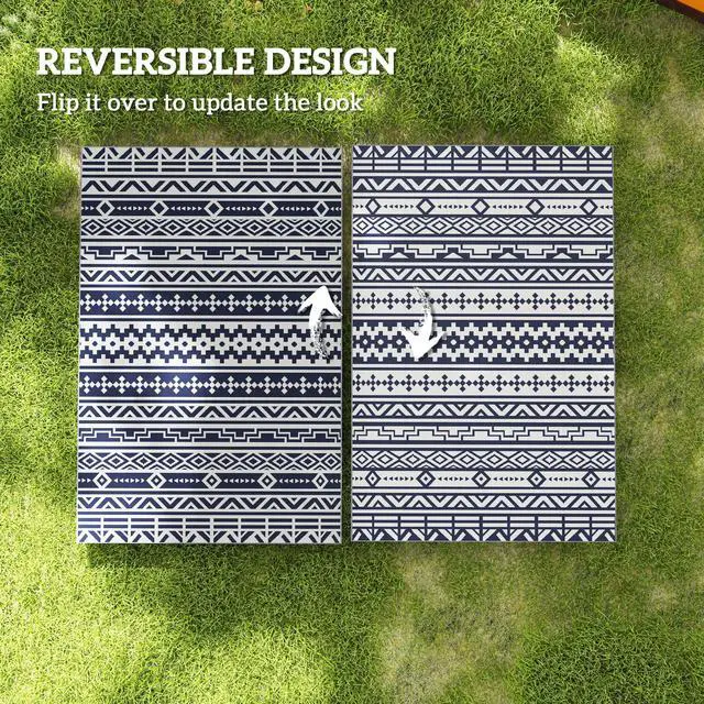 Alt view image 2 of 7 - Outdoor Patio Rug, Large Camping Carpet with Carrying Bag, 6' x 9' Waterproof Plastic Straw, Reversible, Blue & White Geometric