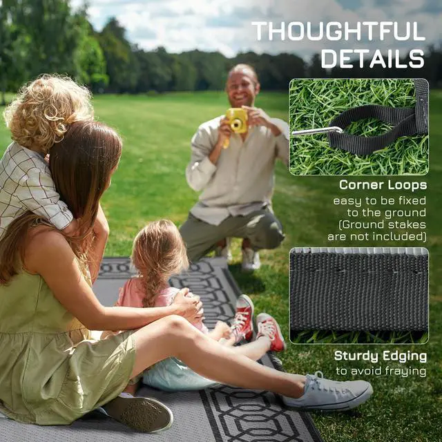 Alt view image 5 of 7 - Reversible Outdoor Rug, 9' x 12' Waterproof Plastic Straw Floor Mat, Portable RV Camping Carpet, Large Floor Mat for Backyard, Deck, Picnic, Beach, Black & Gray Border