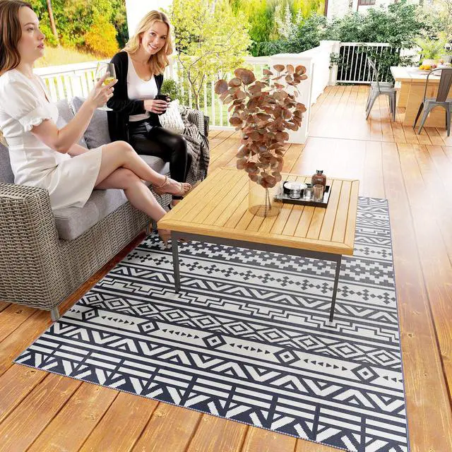 Alt view image 4 of 7 - Outdoor Patio Rug, Large Camping Carpet with Carrying Bag, 6' x 9' Waterproof Plastic Straw, Reversible, Blue & White Geometric