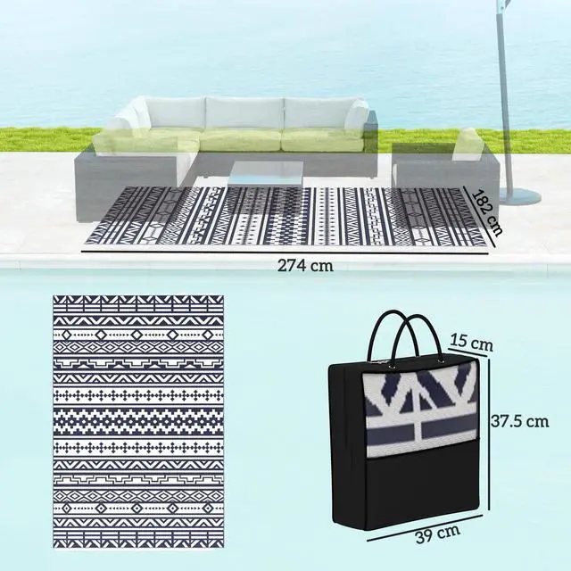 Alt view image 3 of 7 - Outdoor Patio Rug, Large Camping Carpet with Carrying Bag, 6' x 9' Waterproof Plastic Straw, Reversible, Blue & White Geometric