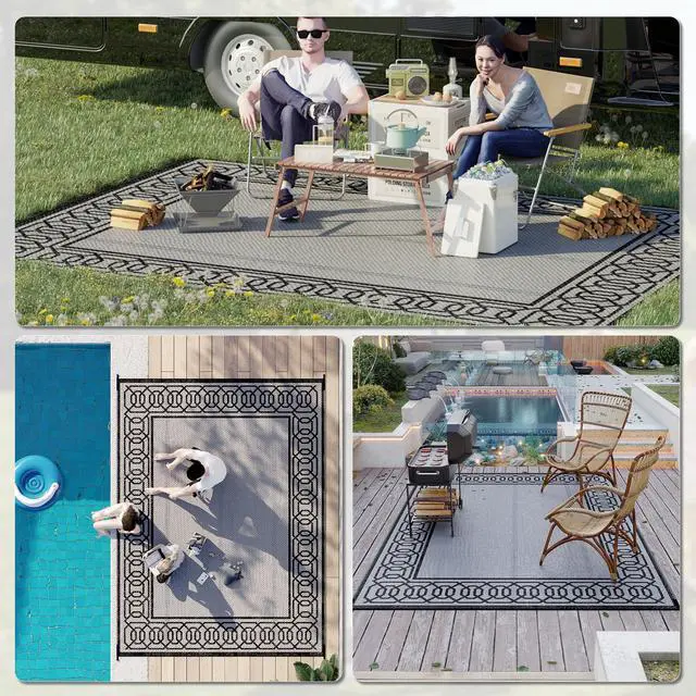 Alt view image 4 of 7 - Reversible Outdoor Rug, 9' x 12' Waterproof Plastic Straw Floor Mat, Portable RV Camping Carpet, Large Floor Mat for Backyard, Deck, Picnic, Beach, Black & Gray Border