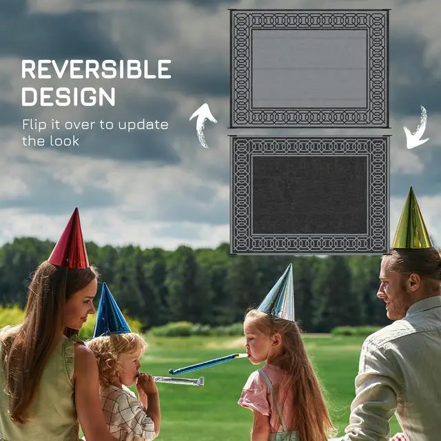 Alt view image 2 of 7 - Reversible Outdoor Rug, 9' x 12' Waterproof Plastic Straw Floor Mat, Portable RV Camping Carpet, Large Floor Mat for Backyard, Deck, Picnic, Beach, Black & Gray Border