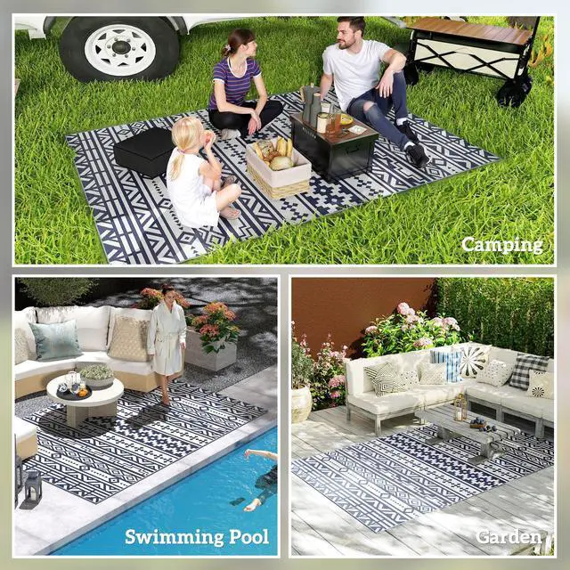 Alt view image 7 of 7 - Outdoor Patio Rug, Large Camping Carpet with Carrying Bag, 6' x 9' Waterproof Plastic Straw, Reversible, Blue & White Geometric