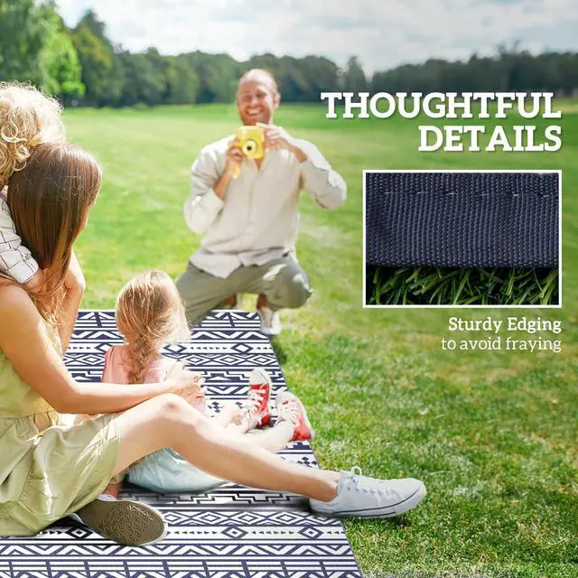 Alt view image 5 of 7 - Outdoor Patio Rug, Large Camping Carpet with Carrying Bag, 6' x 9' Waterproof Plastic Straw, Reversible, Blue & White Geometric