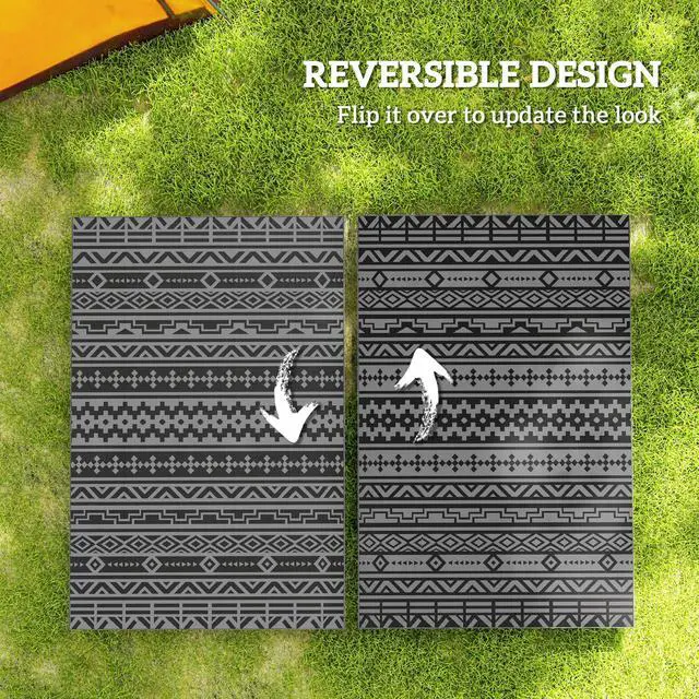 Alt view image 2 of 7 - Outdoor Patio Rug, Large Camping Carpet with Carrying Bag, 6' x 9' Waterproof Plastic Straw, Reversible, Black & Gray Geometric Wall