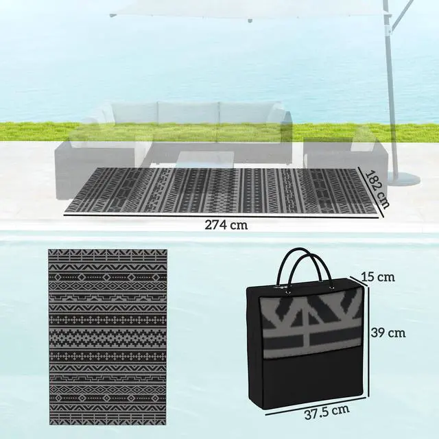 Alt view image 3 of 7 - Outdoor Patio Rug, Large Camping Carpet with Carrying Bag, 6' x 9' Waterproof Plastic Straw, Reversible, Black & Gray Geometric Wall