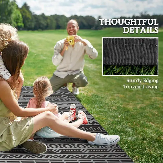 Alt view image 5 of 7 - Outdoor Patio Rug, Large Camping Carpet with Carrying Bag, 6' x 9' Waterproof Plastic Straw, Reversible, Black & Gray Geometric Wall