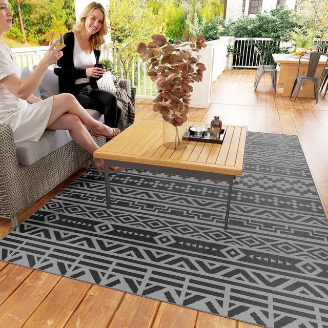 Alt view image 4 of 7 - Outdoor Patio Rug, Large Camping Carpet with Carrying Bag, 6' x 9' Waterproof Plastic Straw, Reversible, Black & Gray Geometric Wall
