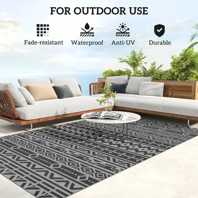 Alt view image 6 of 7 - Outdoor Patio Rug, Large Camping Carpet with Carrying Bag, 6' x 9' Waterproof Plastic Straw, Reversible, Black & Gray Geometric Wall