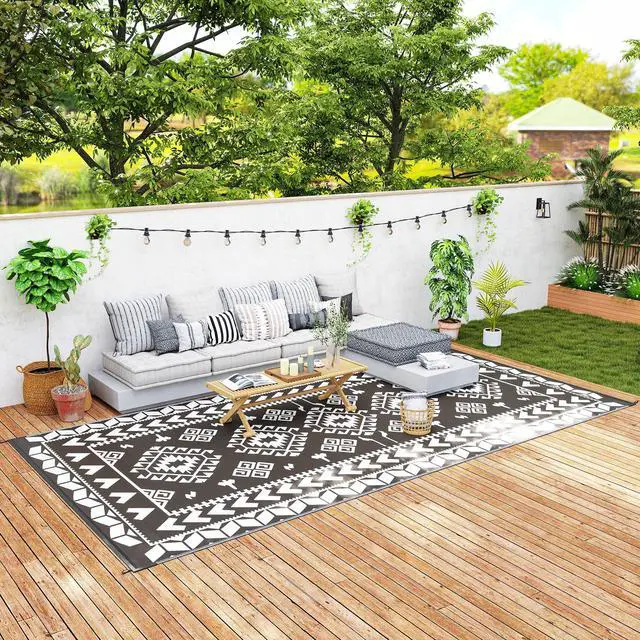 Main image of Outdoor Patio Rug, Large Camping Carpet with Carrying Bag, 9' x 18' Waterproof Plastic Straw, Reversible, Black & White Rhombus Patchwork