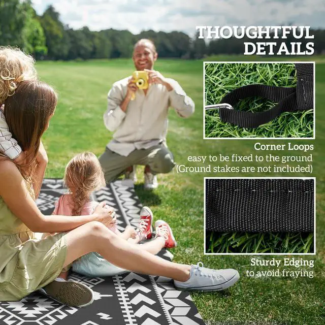 Alt view image 5 of 7 - Outdoor Patio Rug, Large Camping Carpet with Carrying Bag, 9' x 18' Waterproof Plastic Straw, Reversible, Black & White Rhombus Patchwork