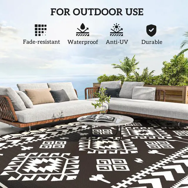 Alt view image 6 of 7 - Outdoor Patio Rug, Large Camping Carpet with Carrying Bag, 9' x 18' Waterproof Plastic Straw, Reversible, Black & White Rhombus Patchwork